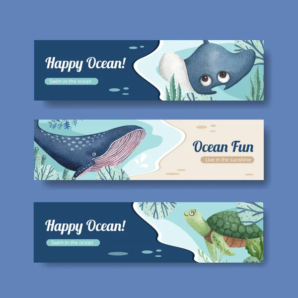 海の喜びの概念とバナーテンプレート 水彩スタイル — ストックベクタ