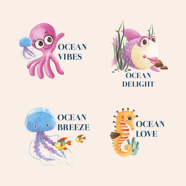 Design Logotipo Com Conceito Oceano Encantado Estanho Aquarela — Vetor de Stock