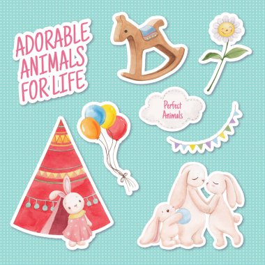 Üzerinde tapılası hayvan konsepti olan çıkartma şablonu, suluboya stil