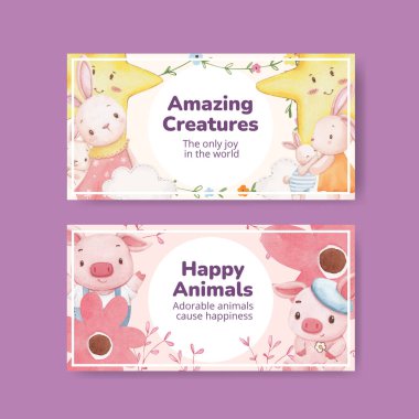 Tatlı hayvan konseptiyle Twitter şablonu, suluboya stil