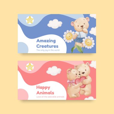 Tatlı hayvan konseptiyle Twitter şablonu, suluboya stil