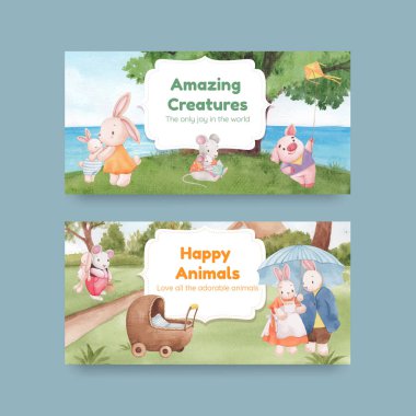 Tatlı hayvan konseptiyle Twitter şablonu, suluboya stil