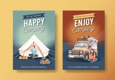 Mutlu kamp konsepti olan poster şablonu, suluboya tarzı