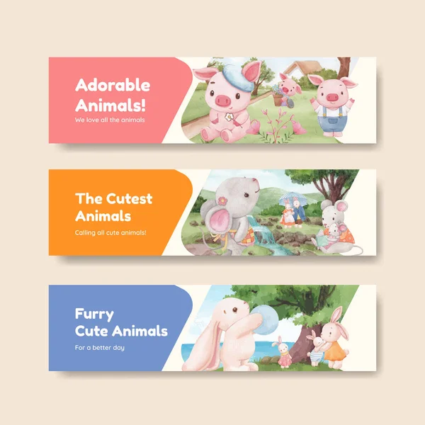 Banner Template Met Schattige Dieren Concept Aquarel Stijl — Stockvector