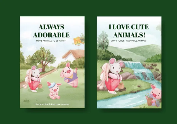 Plantilla Libro Portada Con Adorable Concepto Animales Estilo Acuarela — Archivo Imágenes Vectoriales