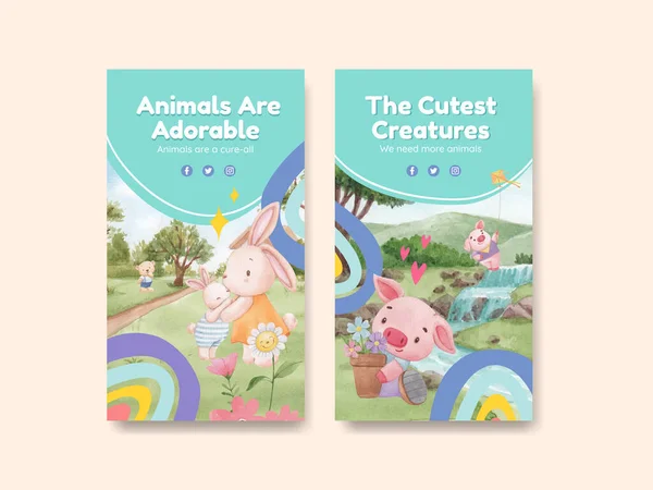 Plantilla Instagram Con Adorable Concepto Animales Estilo Acuarela — Archivo Imágenes Vectoriales