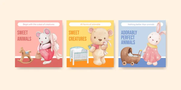 Banner Sjabloon Met Schattige Dieren Concept Aquarel Styl — Stockvector