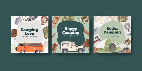 Modèle Bannière Avec Concept Camping Car Heureux Style Aquarelle — Image vectorielle