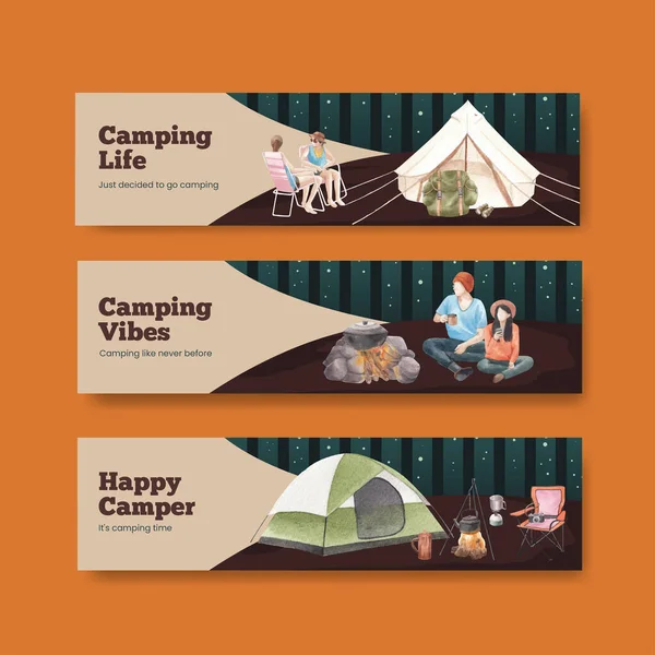 带快乐露营概念的横幅模板 水彩画风格 — 图库矢量图片