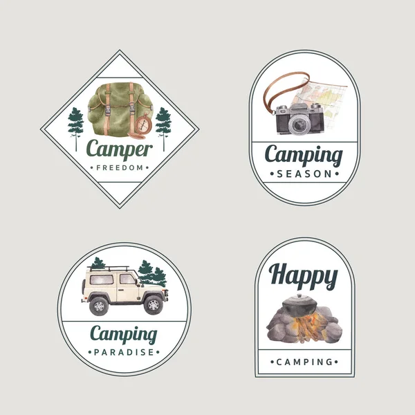 Conception Logo Avec Concept Camping Car Heureux Styl Aquarelle — Image vectorielle