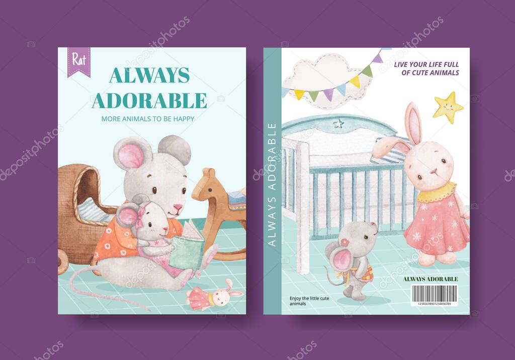 Cover book template with adorable animals concept,watercolor styl
