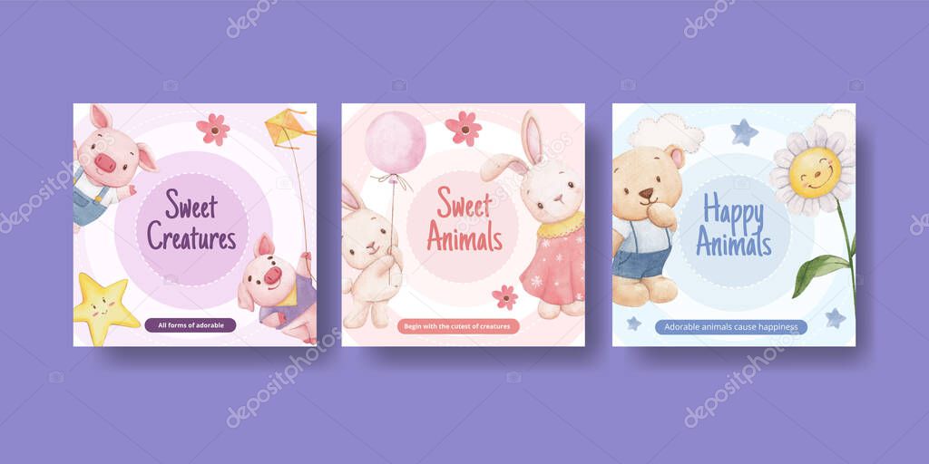 Banner template with adorable animals concept,watercolor styl