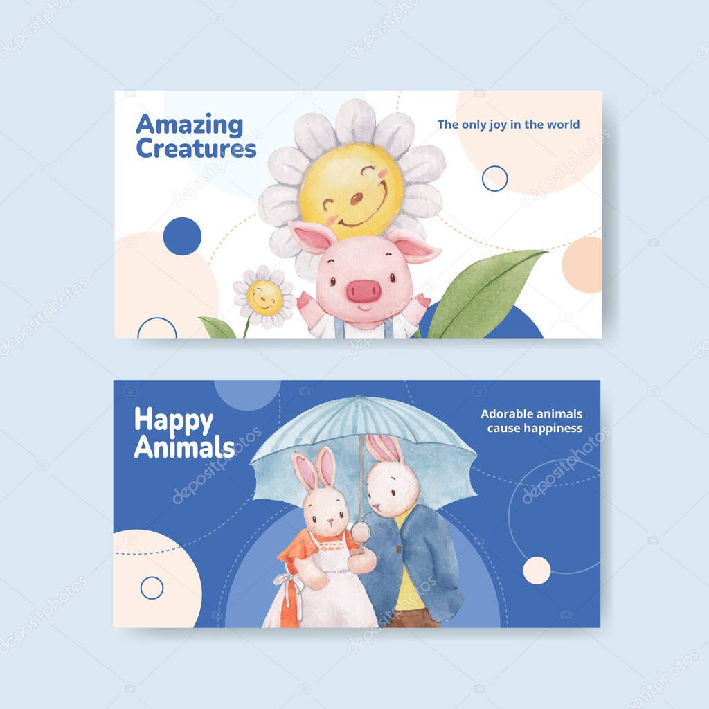 Twitter template with adorable animals concept,watercolor styl