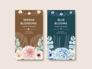Mavi çiçekli Instagram şablonu barışçıl konsept, suluboya stil