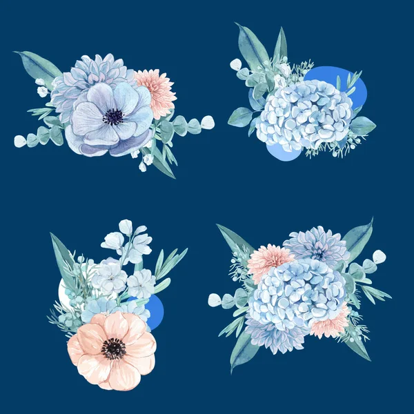 Ramo Flores Azules Concepto Pacífico Estilo Acuarela — Vector de stock