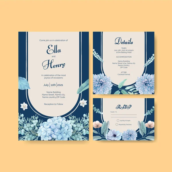 Hochzeitskarten Vorlage Mit Blauer Blume Friedliches Konzept Aquarell Styling — Stockvektor