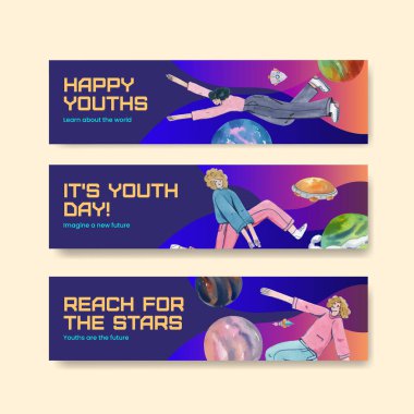 Uluslararası Gençlik Günü konsepti olan sancak şablonu, suluboya stil