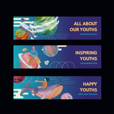 Uluslararası Gençlik Günü konsepti olan sancak şablonu, suluboya stil