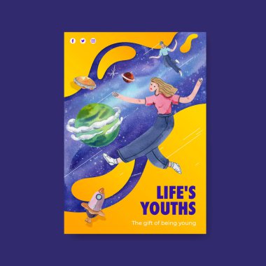 Uluslararası Gençlik Günü konsepti olan poster şablonu, suluboya stil