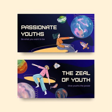 Uluslararası Gençlik Günü konsepti olan Twitter şablonu, suluboya styl