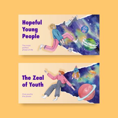 Uluslararası Gençlik Günü konsepti olan Twitter şablonu, suluboya styl