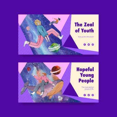Uluslararası Gençlik Günü konsepti olan Twitter şablonu, suluboya styl