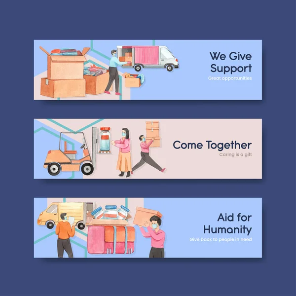 Banner Sjabloon Met Humanitaire Hulp Concept Aquarel Styl — Stockvector