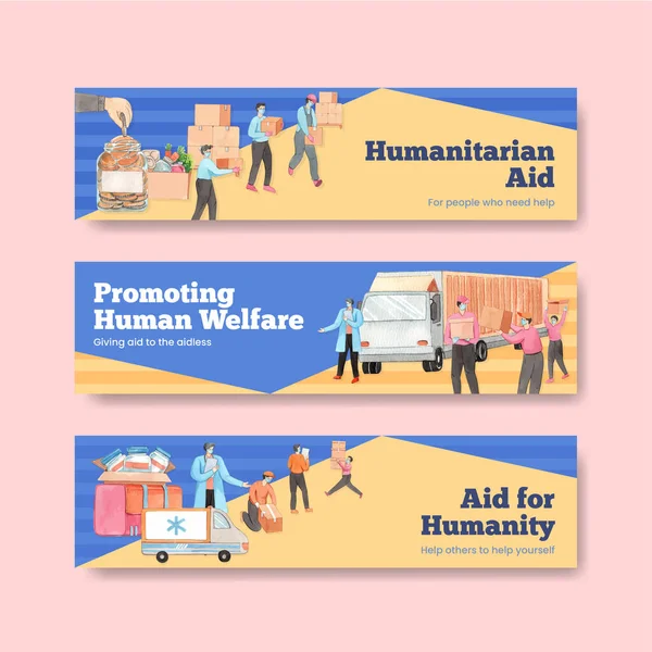 Banner Sjabloon Met Humanitaire Hulp Concept Aquarel Styl — Stockvector