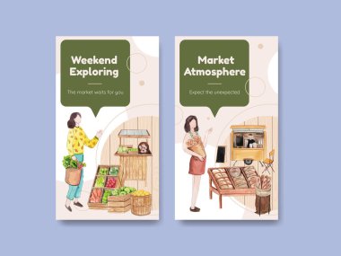 Hafta sonu pazar konsepti olan Instagram şablonu, suluboya stil