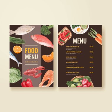 Sağlıklı gıda konsepti olan bir menü şablonu, suluboya stil