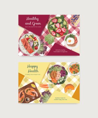 Sağlıklı gıda konsepti olan Facebook şablonu, suluboya stil