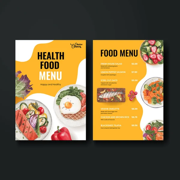 Menu Sjabloon Met Gezonde Voeding Concept Aquarel Styl — Stockvector