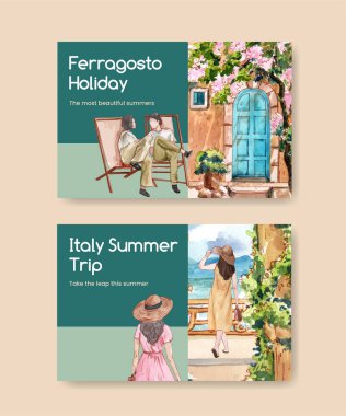 Facebook şablonu İtalya yaz tatili konsepti, suluboya stil