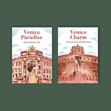 İtalya 'da yaz tatili konsepti olan bir kartpostal şablonu, suluboya stil