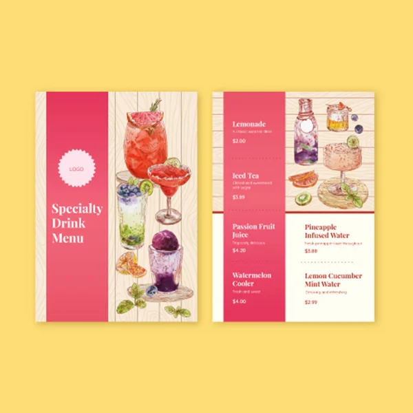带小食饮品概念的菜单模板 水彩画样式 — 图库矢量图片