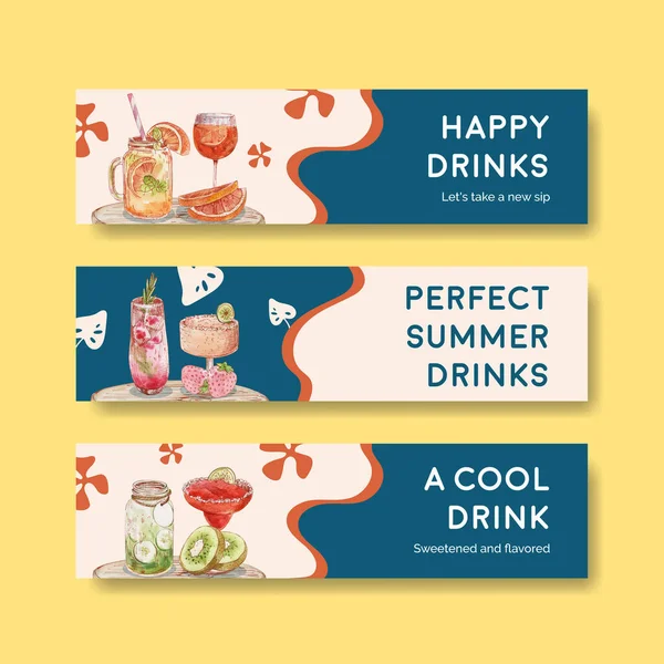 Plantilla Pancarta Con Concepto Bebidas Refrescantes Estilo Acuarela — Vector de stock