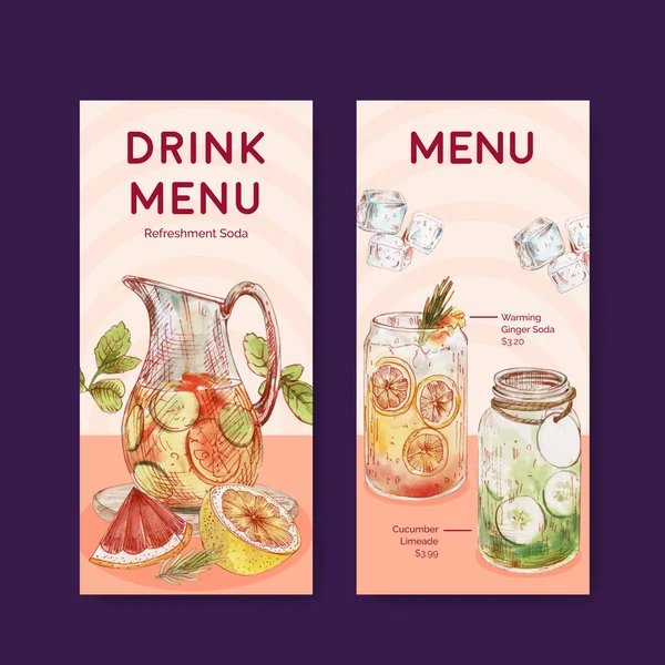 带小食饮品概念的菜单模板 水彩画样式 — 图库矢量图片
