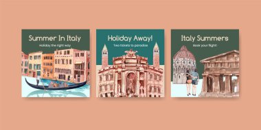Banner şablonu İtalya yaz tatili konsepti, suluboya stil