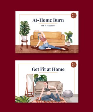 Ev konseptinde egzersiz yapan Facebook şablonu, suluboya stil