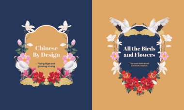 Kuş ve Çin çiçek konsepti ile çelenk şablonu, suluboya stil