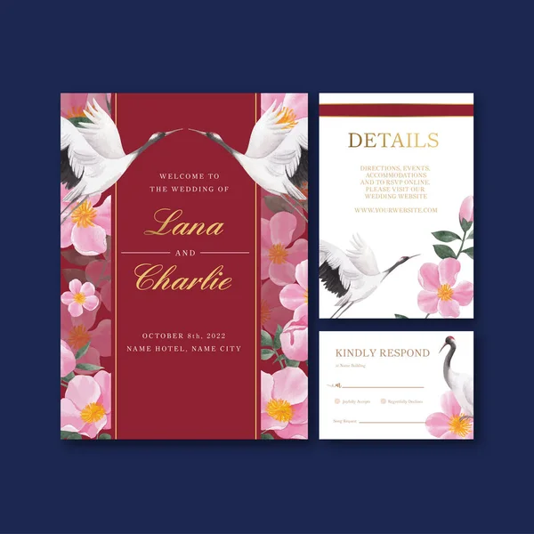 Hochzeitskartenschablone Mit Vogel Und Chinesischem Blumenkonzept Aquarell Styling — Stockvektor