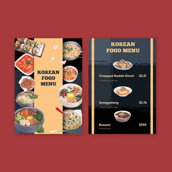 Menu Sjabloon Met Koreaanse Voedingsmiddelen Concept Aquarel Styl — Stockvector