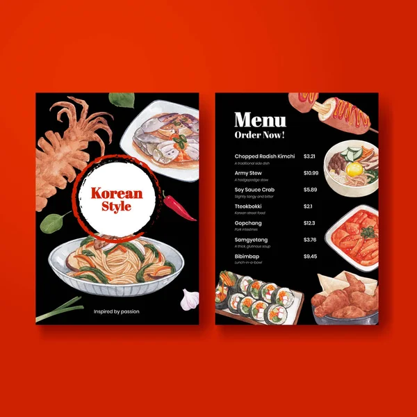 Menu Template Korean Foods Concept Watercolor Styl — Stock Vector