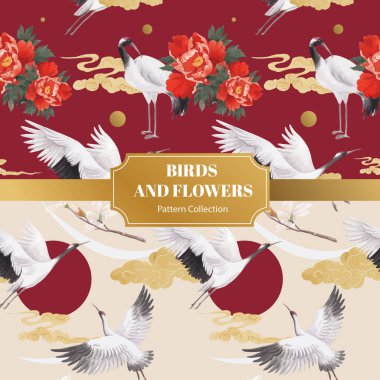 Kuş ve Çin çiçek kavramlı desenler, suluboya stil