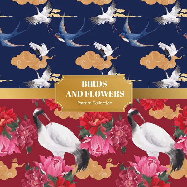 Mönster Sömmar Med Fågel Och Kinesisk Blomma Koncept Akvarell Stil — Stock vektor