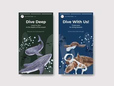 Uluslararası balina köpekbalığı günü konseptiyle Instagram şablonu, suluboya stil