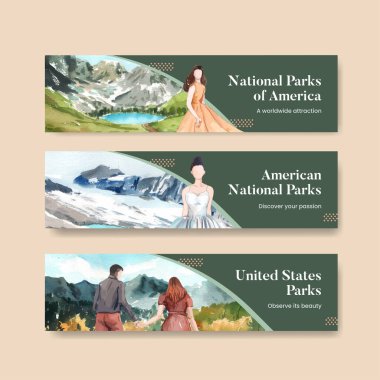 Banner şablonu ABD ulusal parkları kavramı, suluboya styl