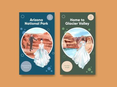 Instagram şablonu ABD ulusal parkları kavramı, suluboya styl