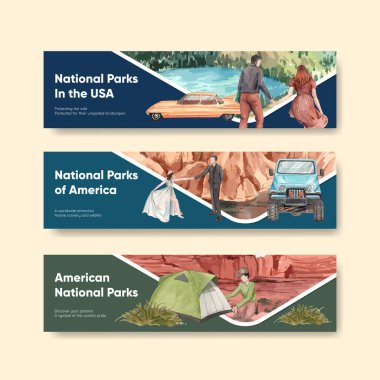 Banner şablonu ABD ulusal parkları kavramı, suluboya styl