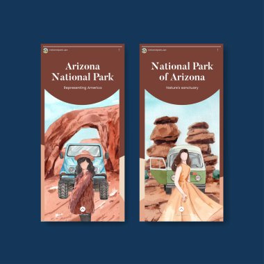 Instagram şablonu ABD ulusal parkları kavramı, suluboya styl